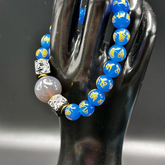 LIGH BLUE AGATE OM + CHALCEDONY NATURAL STONES BRACELET size7 - Picture 9 of 11